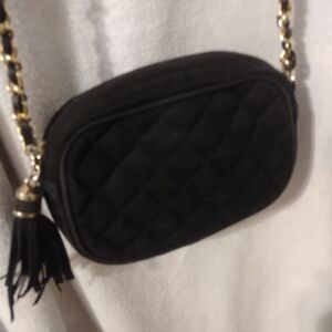 Black Suede Quilted Bag With Gold Chain & Tassel